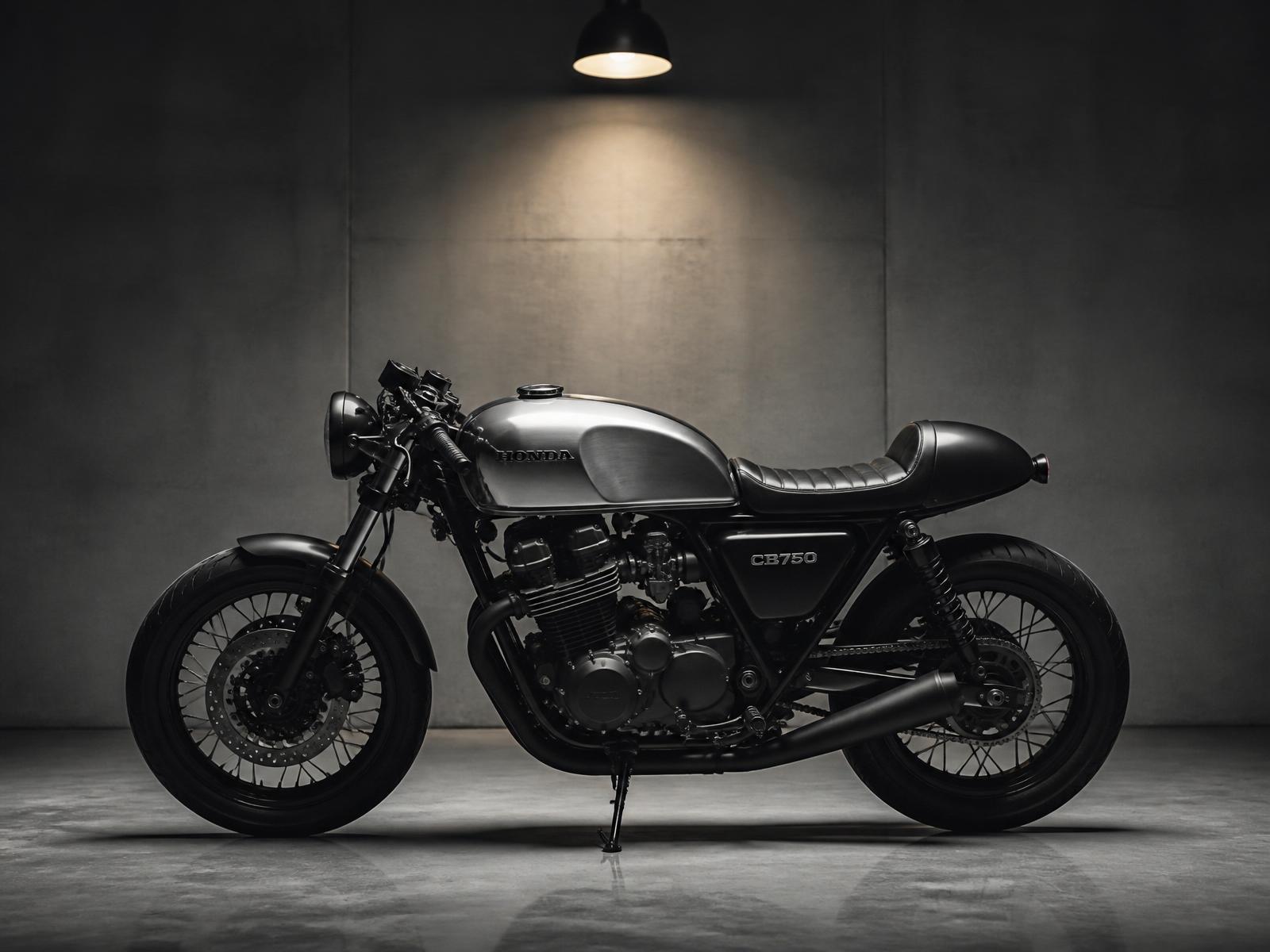 Custom Honda CB750 café racer under a warm studio spotlight
