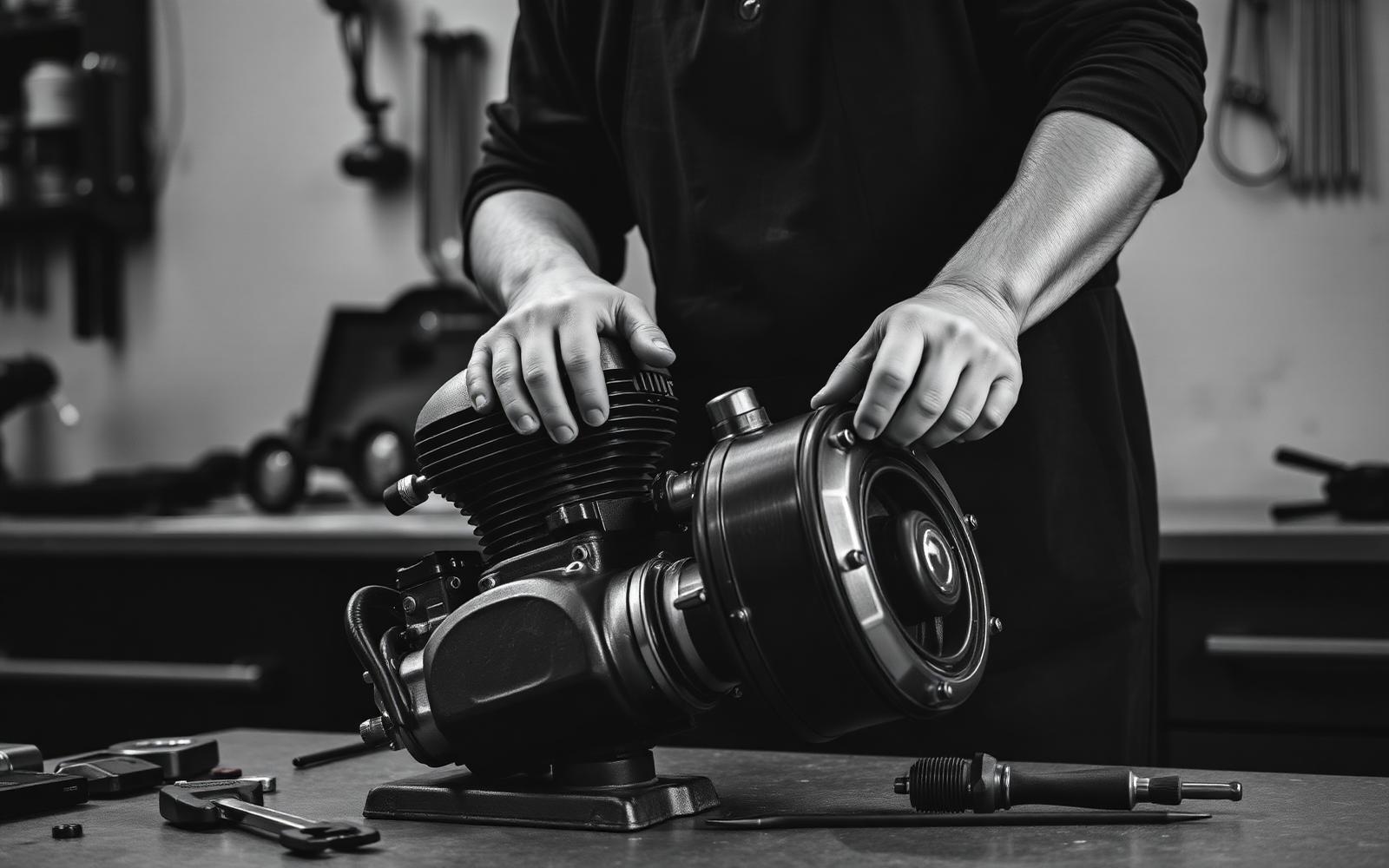 Hands assembling a Honda four-cylinder engine on a workbench